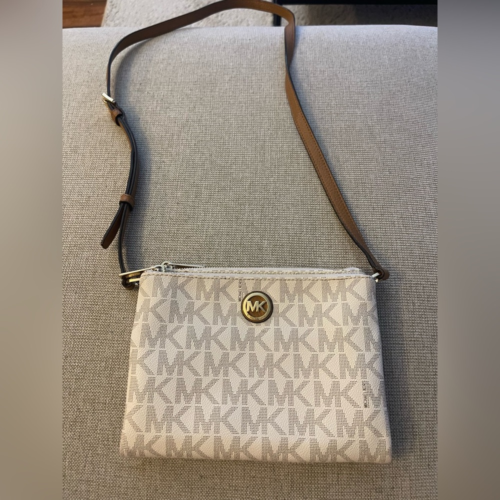 Michael Kors Monogram Cream and Brown Crossbody Bag